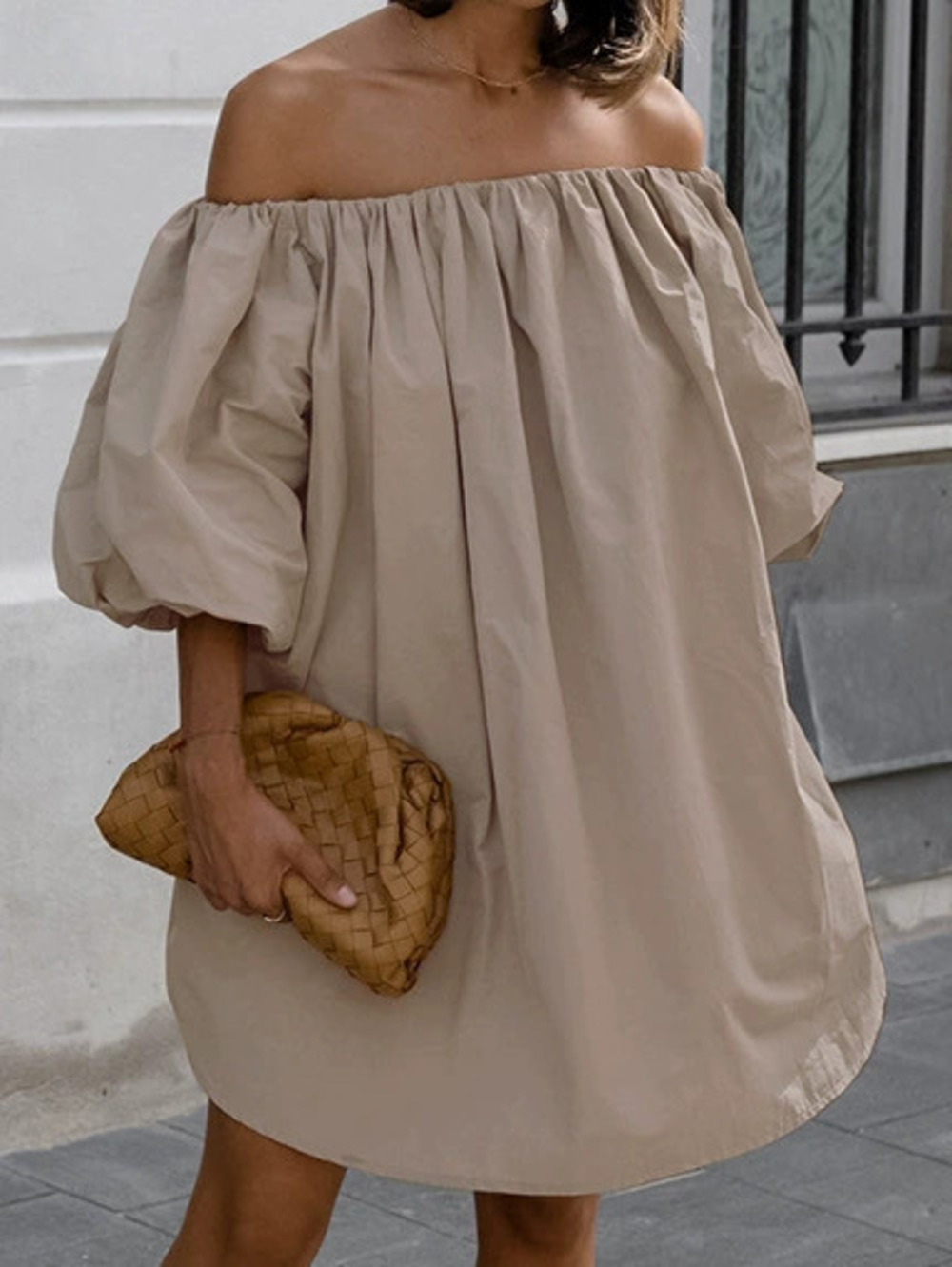 Zara Off Shoulder Puff Sleeve Mini Dress Khaki